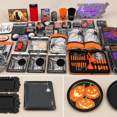 Large collection of Halloween decorations and party supplies, including faux cobwebs, pumpkin carving kits, serving trays, decor signs,...