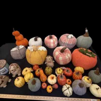 Collection of autumn and Thanksgiving table decor featuring plush fabric pumpkins, small resin gourds, and hedgehogs.