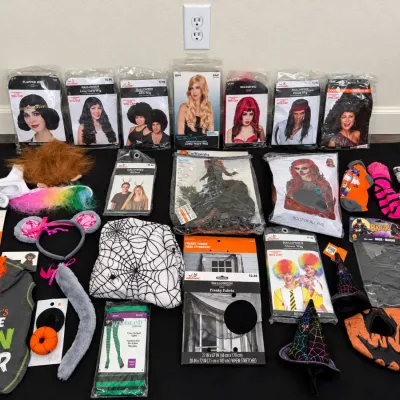 Large collection of Halloween costumes and accessories, including packaged wigs, masks, themed socks, headbands, and pet apparel.