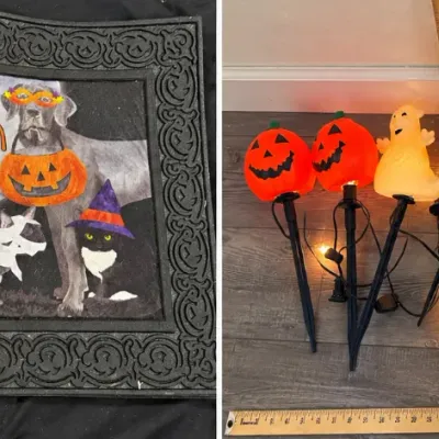 Halloween decor set featuring a dog and cat themed doormat alongside illuminated plastic ghost and jack-o'-lantern lawn stakes.