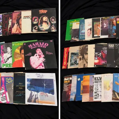 Large collection of vintage vinyl LP records, including titles by Elvis Presley, Neil Diamond, and Lawrence Welk.