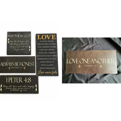Collection of five modern wooden wall plaques featuring printed Bible verses and inspirational quotes.