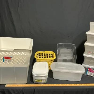 Large Assortment Of Plastic Tubs, Office Separator, And Storage Containers 