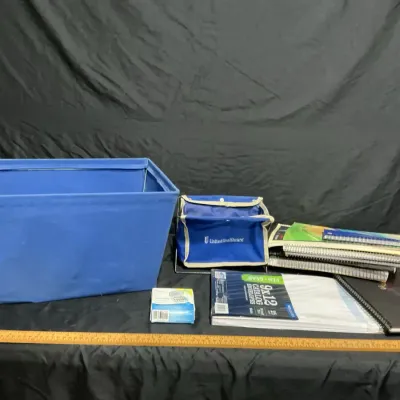 Assortment Of Notebooks, Calculator, Catalog Envelopes, And Storage Totes 