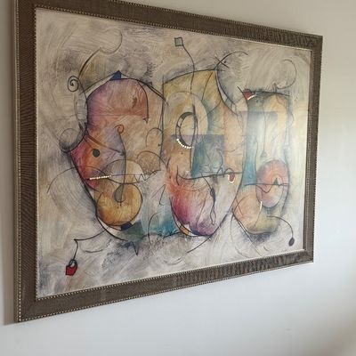 Large framed contemporary abstract print featuring geometric and organic shapes with gold foil accents.