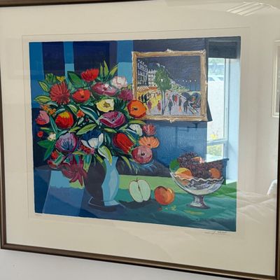 Framed limited edition post-impressionist style lithograph depicting a still life with a floral bouquet, fruit bowl, and interior scene.