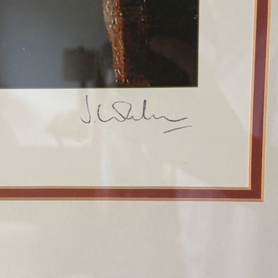 Close-up detail showing the handwritten artist signature in pencil on a framed, matted artwork.