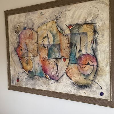 Large framed contemporary abstract painting featuring expressive linework and geometric shapes over a textured, neutral background.