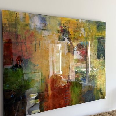 Large frameless abstract mixed-media acrylic painting with a high-gloss epoxy coating, featuring vibrant tones of yellow, green, and...