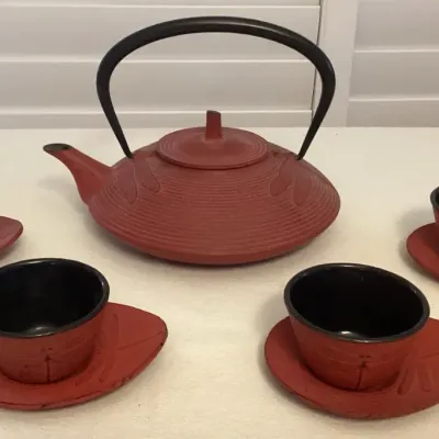 CCM005 Rust Red Dragonfly Design Japanese Cast Iron Tetsubin Tea Set