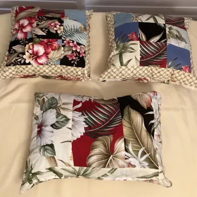 CCM054 Set Of Three Hawaiian Print Barkcloth Throw Pillows