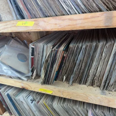 Sale Photo Thumbnail #83: Large collection of vintage vinyl records and 45 RPM singles, organized tightly on wooden storage shelves.