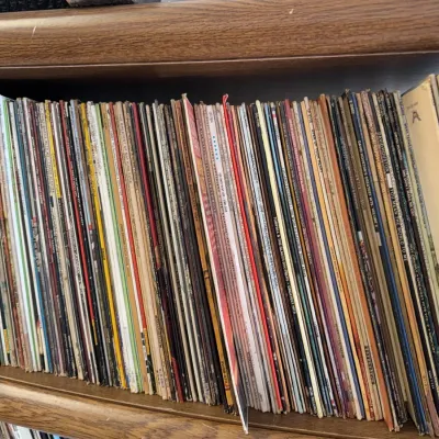 Sale Photo Thumbnail #99: Large collection of vintage vinyl LP records stacked vertically on a wooden shelf, featuring country, pop, and easy listening genres.