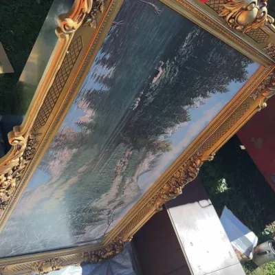 Sale Photo Thumbnail #67: Large framed landscape artwork featuring a forest and reflective lake scene set inside an ornate gilded Rococo-style frame.