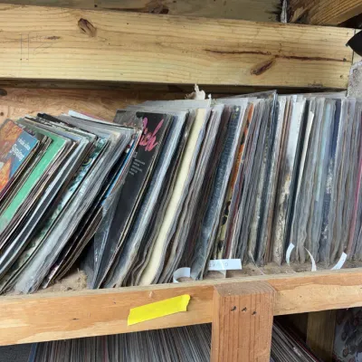 Sale Photo Thumbnail #85: Collection of vintage vinyl LP records stacked vertically on wooden shelving, mostly housed in protective plastic sleeves.