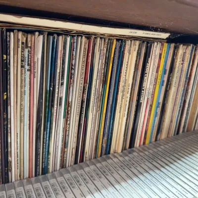 Sale Photo Thumbnail #141: Collection of vintage vinyl LP records stacked vertically on a wooden shelf, featuring titles from country and pop artists above a row of cassette tapes.