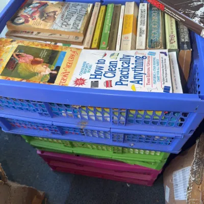 Sale Photo Thumbnail #174: Collection of vintage hardcovers and paperbacks packed in stacked plastic crates, featuring titles like Beverly Cleary's The Mouse and the Motorcycle.