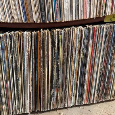 Sale Photo Thumbnail #117: Large collection of vintage vinyl LP record albums stored vertically on wooden shelves.