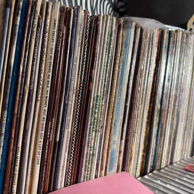 Sale Photo Thumbnail #130: Large collection of vintage vinyl LP records tightly packed in a shelf, featuring various country, folk, and Hawaiian titles.