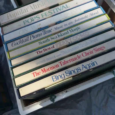 Sale Photo Thumbnail #28: Stack of vintage vinyl LP record box sets, featuring titles like Bing Sings Again and The Best of Perry Como.