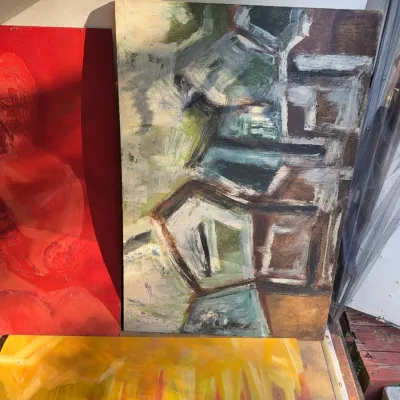 Sale Photo Thumbnail #94: Pair of large mid-century abstract oil paintings on board, featuring a monochromatic red figure study and a textured geometric expressionist composition.