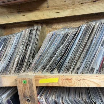 Sale Photo Thumbnail #87: Large collection of vintage vinyl LP records in protective sleeves, organized in a wooden shelf display.