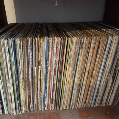 Sale Photo Thumbnail #148: Large collection of vintage vinyl LP records stacked vertically on a wooden shelf.