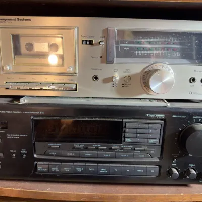 Sale Photo Thumbnail #167: Vintage Modular Component Systems (MCS) 3540 stereo cassette deck sitting atop a black Onkyo TX-SV515PRO Audio Video Control Tuner Amplifier.