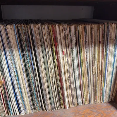Sale Photo Thumbnail #129: Large collection of vintage vinyl LP records tightly packed on a wooden shelf, featuring country and pop artists such as Johnny Cash, Hank Williams, and Buck Owens.