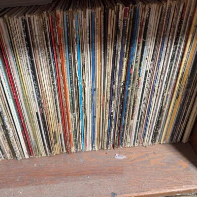 Sale Photo Thumbnail #123: Large collection of vintage 33 RPM vinyl records stacked vertically on a wooden shelf.