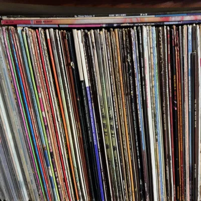 Sale Photo Thumbnail #111: Large collection of vintage 33 RPM vinyl records stacked vertically on a shelf, featuring various country and pop artists.