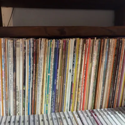 Sale Photo Thumbnail #139: Collection of vintage vinyl records in cardboard sleeves stored vertically on a wooden shelf.
