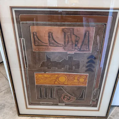 Sale Photo Thumbnail #145: Framed mid-century modern abstract print featuring geometric shapes in warm earth tones.