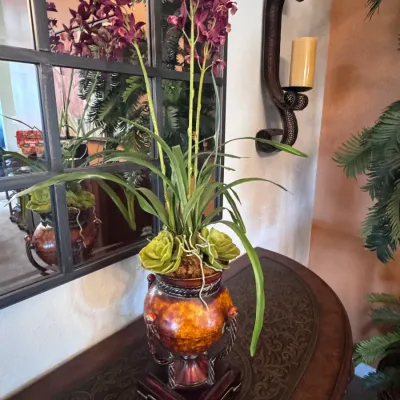 Metal Planter with Artificial Orchid