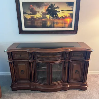 Curved Front, Stone Top TV Stand/Console Cabinet