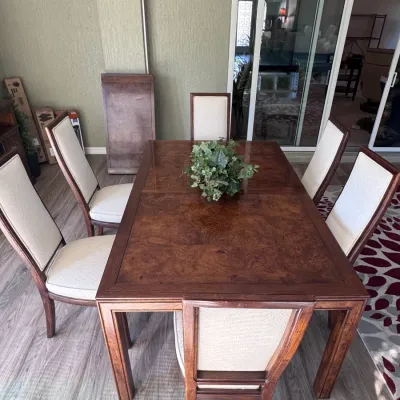 Henredon Burlwood Dining Table with Two Leaves and Six Chairs