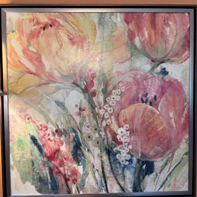 Contemporary square framed wall art print depicting vibrant floral blooms in shades of pink, yellow, and red.
