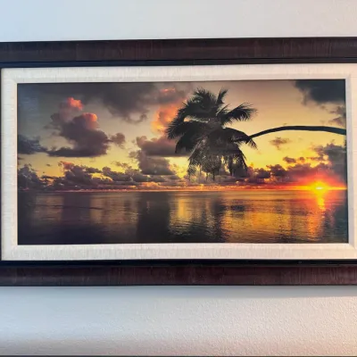 Large framed tropical beach sunset art print featuring a silhouette of a palm tree over the ocean, set in a dark wood frame with a cream...