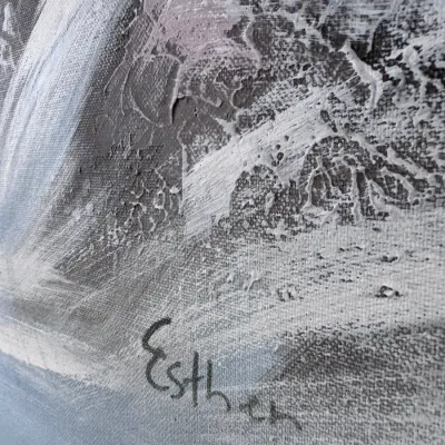 Close-up detail of a textured impasto canvas painting, showing heavy paint application and the artist's signature "Esther".