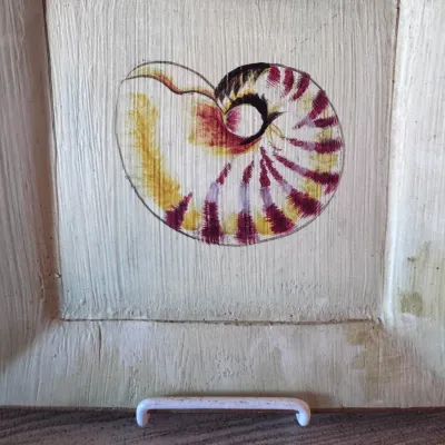 Square decorative wooden platter featuring a hand-painted nautilus shell illustration on a textured cream background.