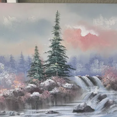 Vintage oil painting on canvas depicting a misty mountain landscape with pine trees and a waterfall, signed Esther in the lower right...
