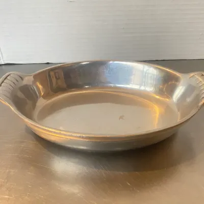 Sale Photo Thumbnail #19: Vintage silver-tone metal oval serving dish featuring fluted side handles.
