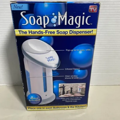 Sale Photo Thumbnail #120: Soap Magic hands-free soap dispenser, new in original box. Features a motion-activated infrared sensor and pop-up lid for refills.