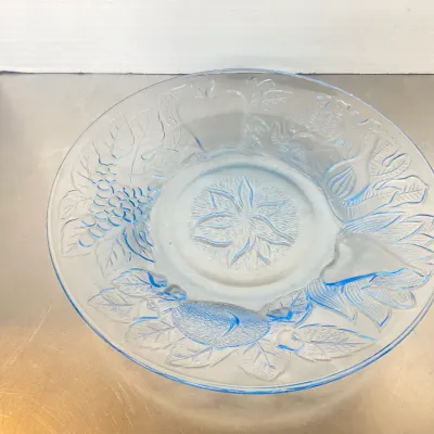 Sale Photo Thumbnail #9: Light blue frosted glass serving platter with embossed fruit and floral motifs, in good vintage condition.