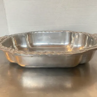 Sale Photo Thumbnail #17: Cast aluminum or pewter oval serving bowl featuring an embossed lattice rim and integrated handles.