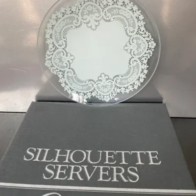 Sale Photo Thumbnail #43: Pilgrim Glass Silhouette Servers clear glass plate featuring a white frosted lace-pattern border, displayed with its original box.