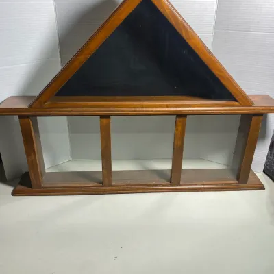 Sale Photo Thumbnail #113: Wooden military flag display case with an integrated three-compartment shadow box below.