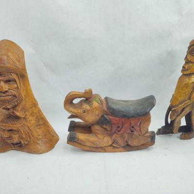 Sale Photo Thumbnail #77: 3 Folk Art Wood Carvings, Bust &