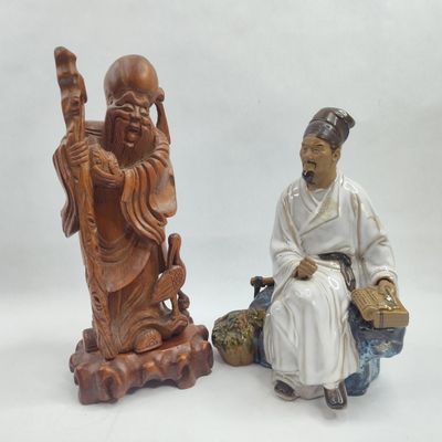 Sale Photo Thumbnail #163: Pair Chinese Figures: Wood & Ceramic