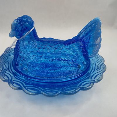 Sale Photo Thumbnail #426: Blue Glass Hen on Nest Covered Dish